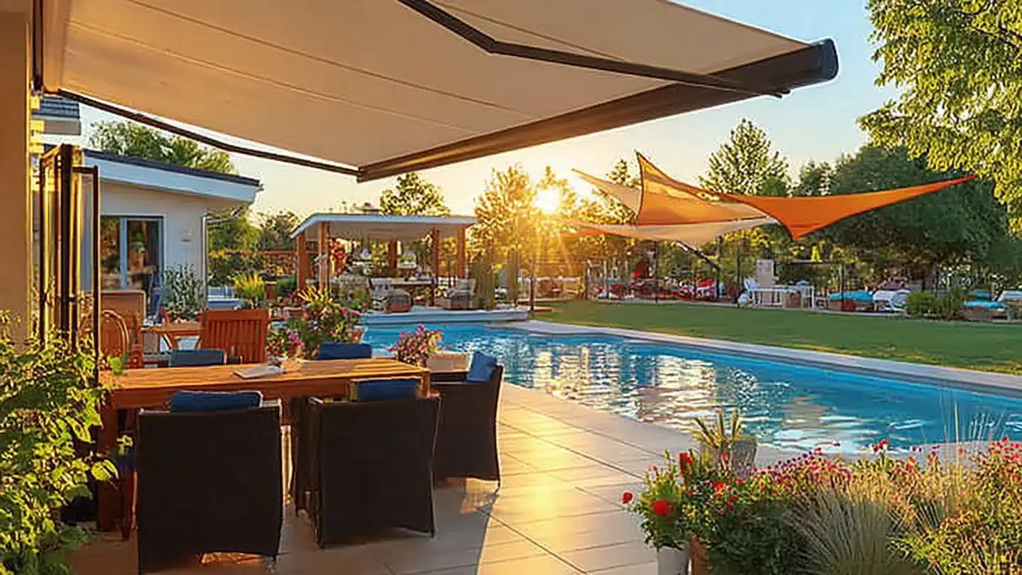 Outdoor patio with dining table, shade sail and awning installations, poolside setting, vibrant flowers, and sunset ambiance, showcasing Awnique's custom shade solutions for enhancing outdoor living spaces.