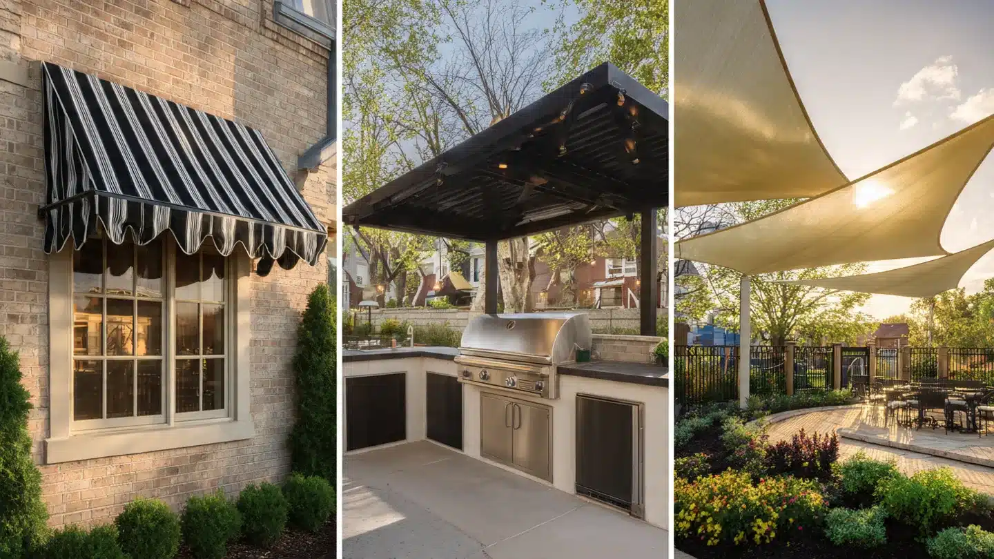 Awnings and shade sails enhancing outdoor spaces, featuring a striped awning over a window, a patio cover with a grill, and fabric shade structures in a landscaped area.